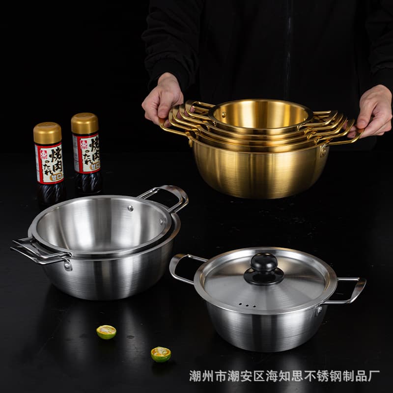 Thickened stainless steel instant noodle pot, Korean pot with lid, double-eared golden soup pot, ramen pot, small hot pot, home restaurant pot