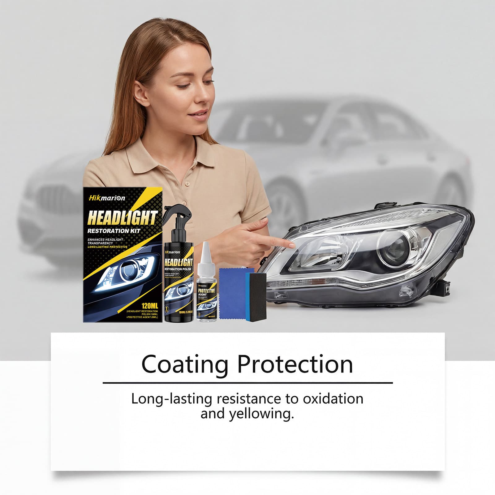 Hikmarion Headlight Cleaning Kit - Restore Yellowed, Cloudy Headlights for Clearer Lighting and Surface Protection