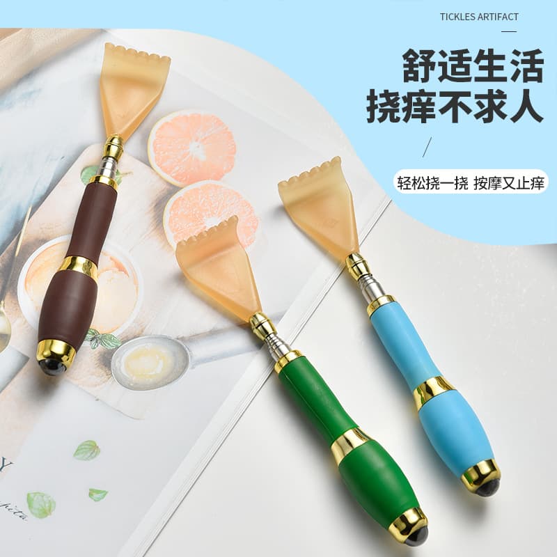 Manufacturer's stainless steel telescopic back scratcher with filial piety design, featuring magnetic bead massage for back scratching.