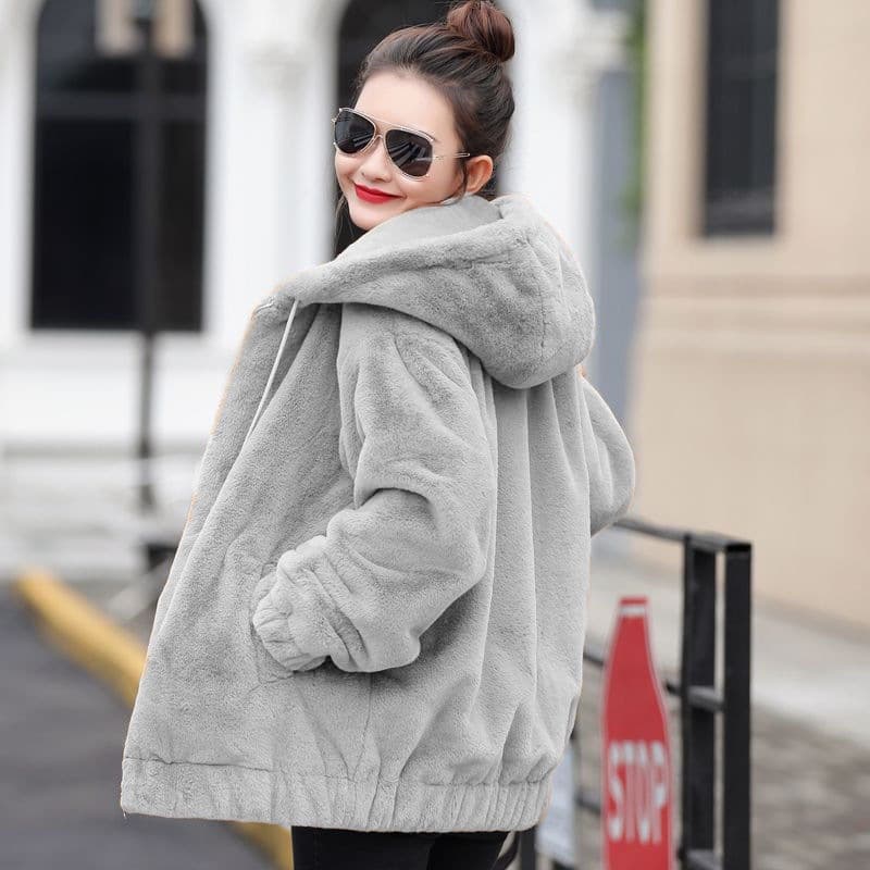 Flannel Hooded Coat for Women, Mid-Length Winter New Style, Korean Loose Fit, Fleece-Lined Warm Long Sleeve Short Coat