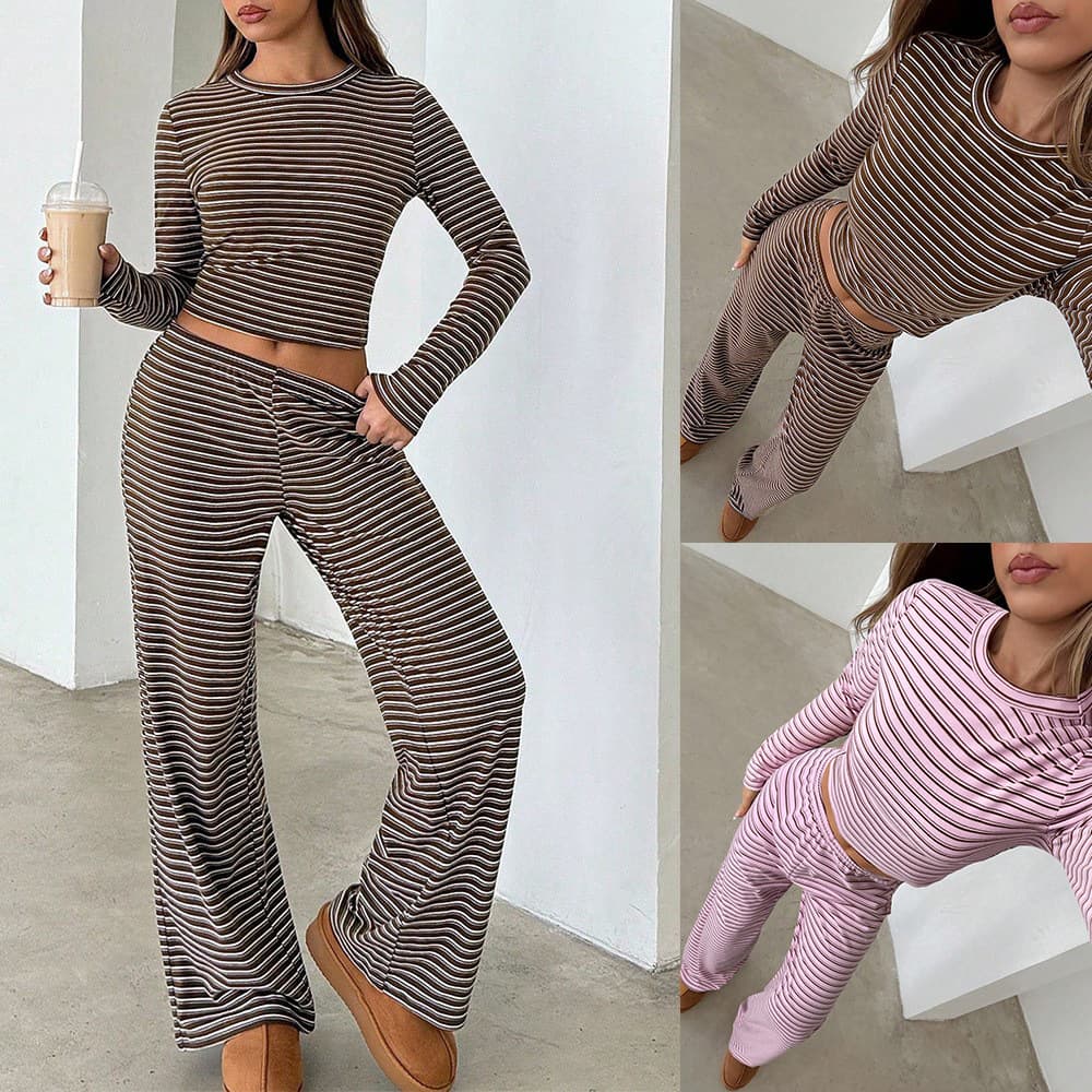 2026 autumn new cross-border European and American TK women's striped long-sleeved wide-leg pants suit two-piece ins style