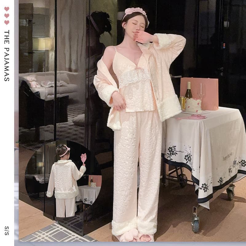 Sexy Island Velvet Sleepwear Set for Women Cute Home Clothes Leopard Print Double-Sided Fleece Warmth Autumn Winter Nightgown
