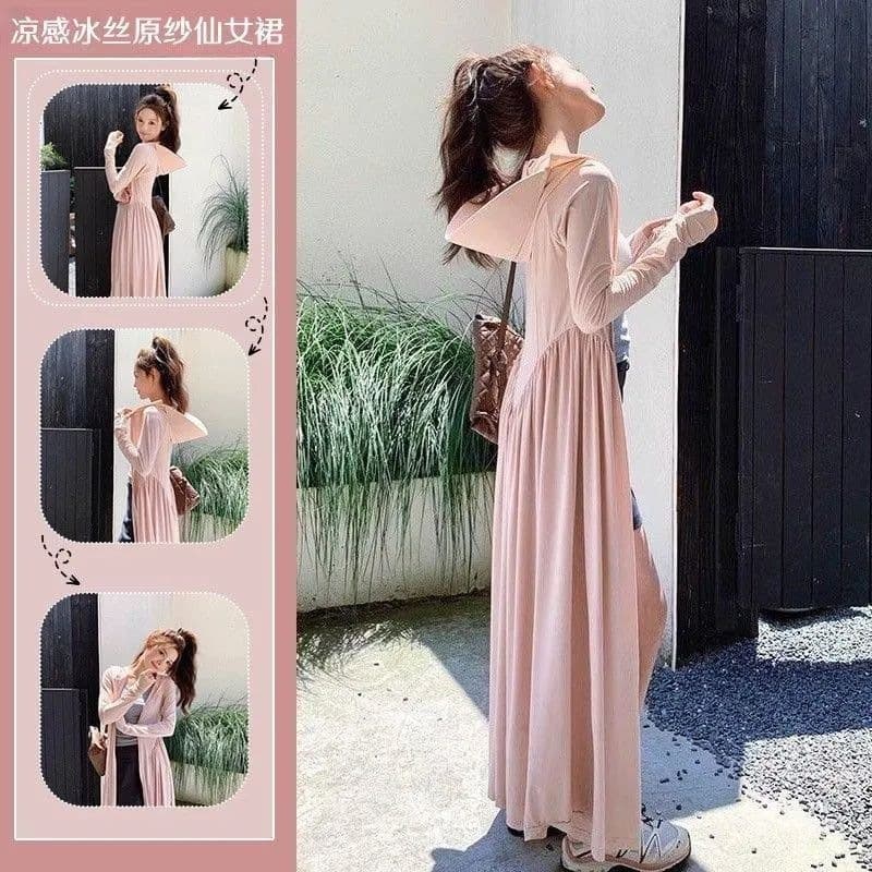 2026 New Ice Silk Sun Protection Robe Style Slim Full Body Sun Protection Long Dress Outdoor UV Protection Dress for Women