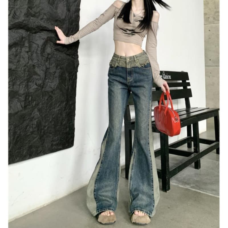 2024 spring new style retro splicing contrasting color floor-length flared jeans for women high-waisted slim slimming pants