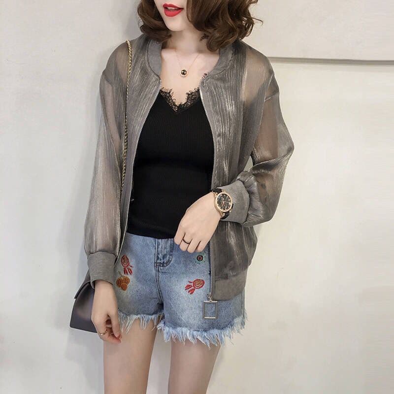 Women's Summer Organza Sun Protection Jacket, Plus Size Open-Front Long Sleeve Short Shiny Silk Jacket, Thin Baseball-Style Sunscreen Top