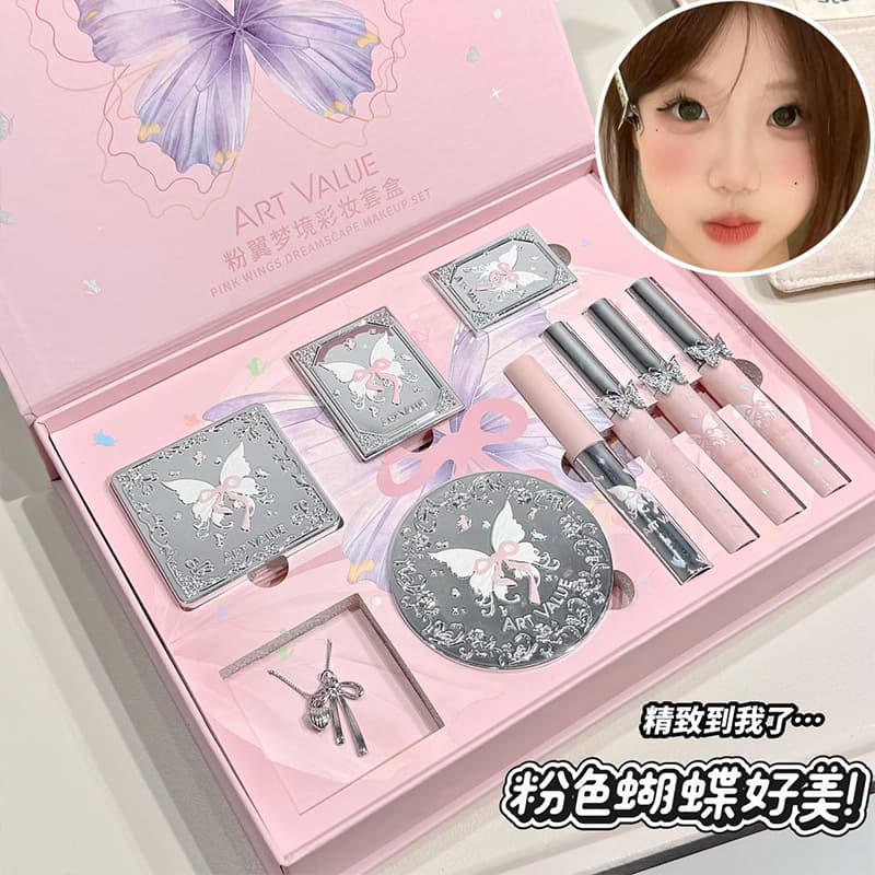 Art Value Pink Wing Dream Makeup Set, Simple All-in-One Look, Gift for Girls, Pink Makeup Kit