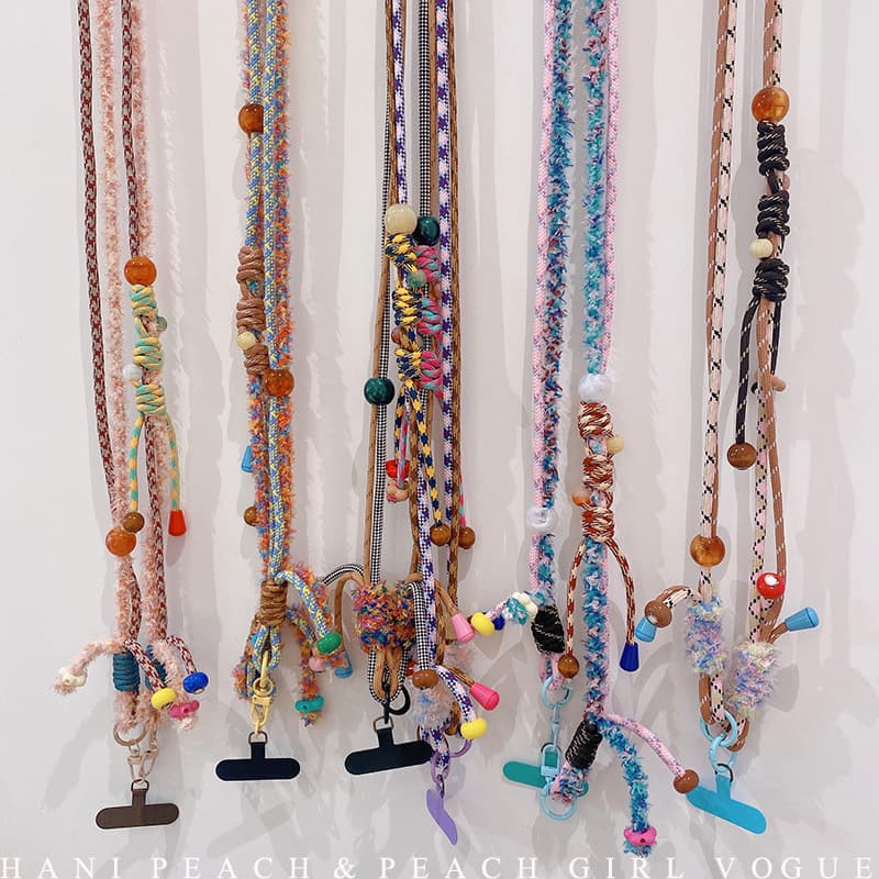 HD12299A25 New Colorful Two-Tone Braided Rope Beaded Bag Charm Same Style Plush Key Phone Crossbody Strap