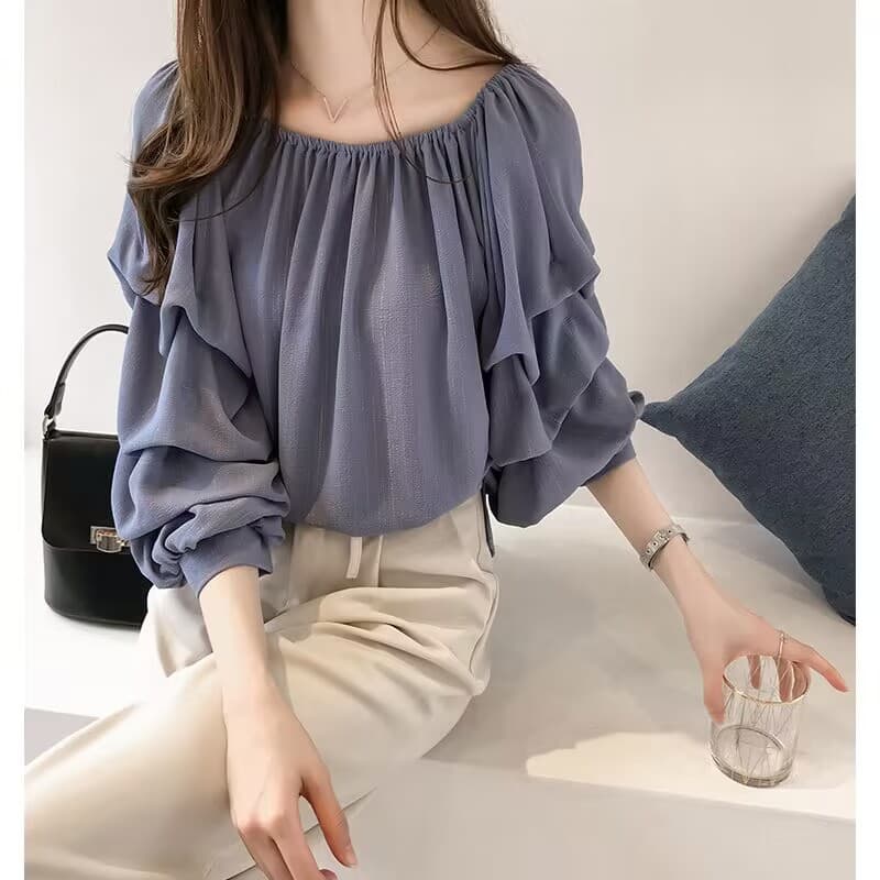 2025 New Korean Style Elegant Off-shoulder Chiffon Blouse Women's Loose Puff Top Slimming Solid Color Base Shirt