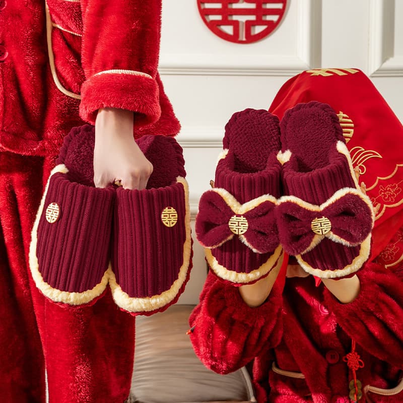 Wedding cotton slippers, festive red pair for newlyweds, dowry for men and women couples, bride and groom wedding warm slippers for winter.
