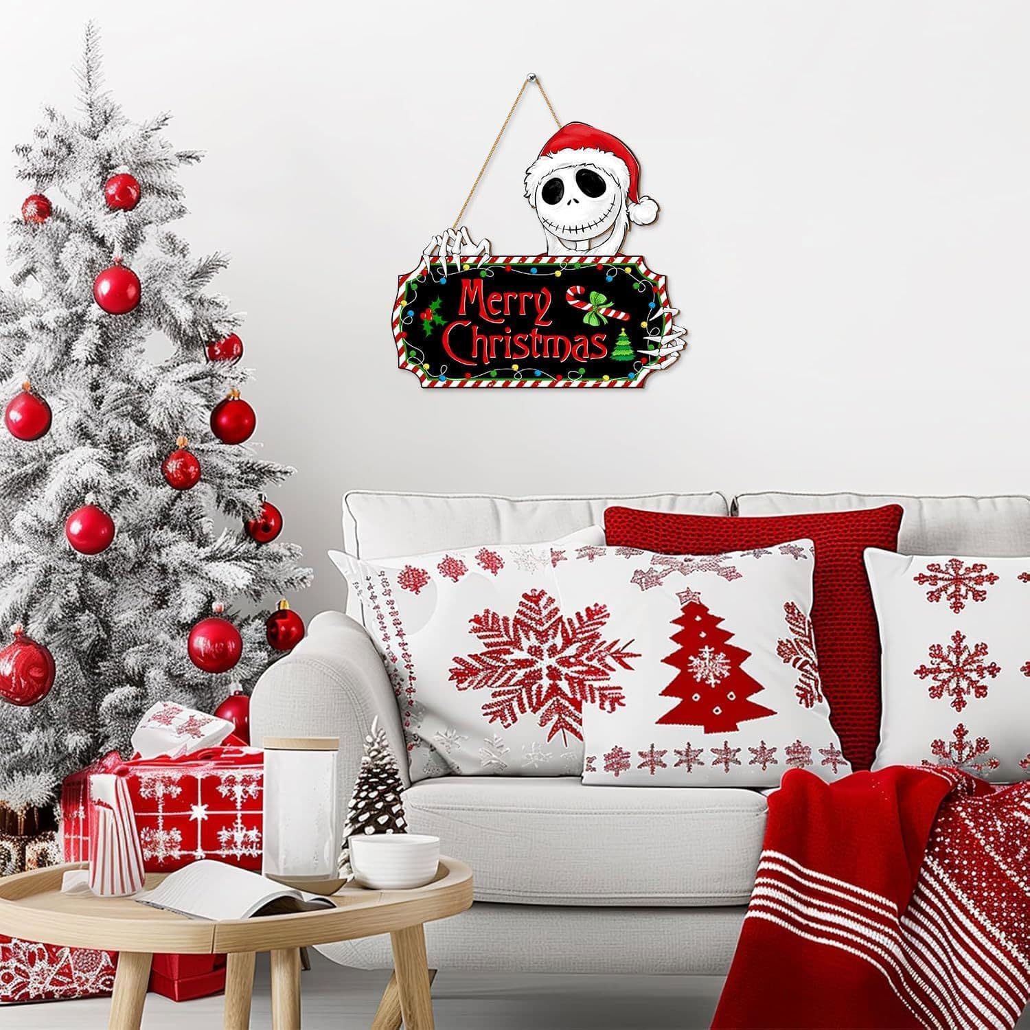 Christmas Door Sign Decoration Nightmare Merry Christmas Front Door Hanger Decor Rustic Wood Hanging Wreath Funny Skeleton