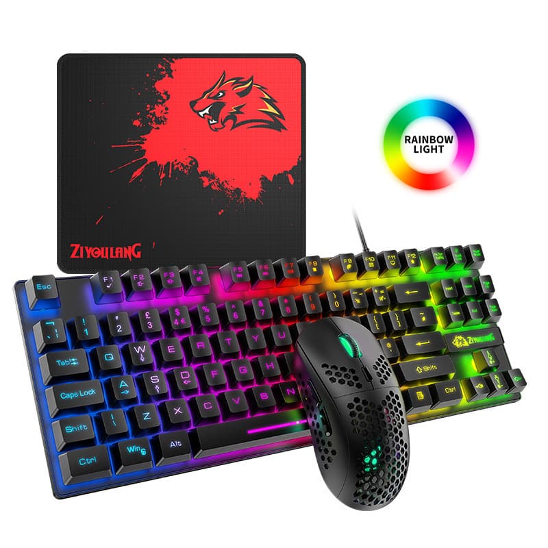 Free Wolf T2 Illuminated Keyboard and Mouse Set, 88-Key Mechanical Feel, English Layout, for PC Gaming