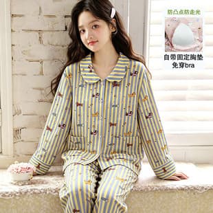 Pajamas with Built-in Bra, Spring/Autumn Cute Cartoon Double-Layer Gauze Women's Long-Sleeve Set, Pure Cotton Soft Homewear Thin Style