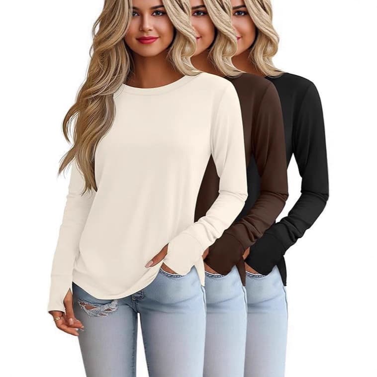 Autumn New Arrival European and American Cross-border Amazon Shein Women's Top Round Neck Long Sleeve T-Shirt Elegant Commute