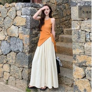 French Casual Summer Set: Pure Desire Sleeveless Irregular Fitted T-Shirt for Women + High-Waist Flowing Wide-Leg Pants Two-Piece Set