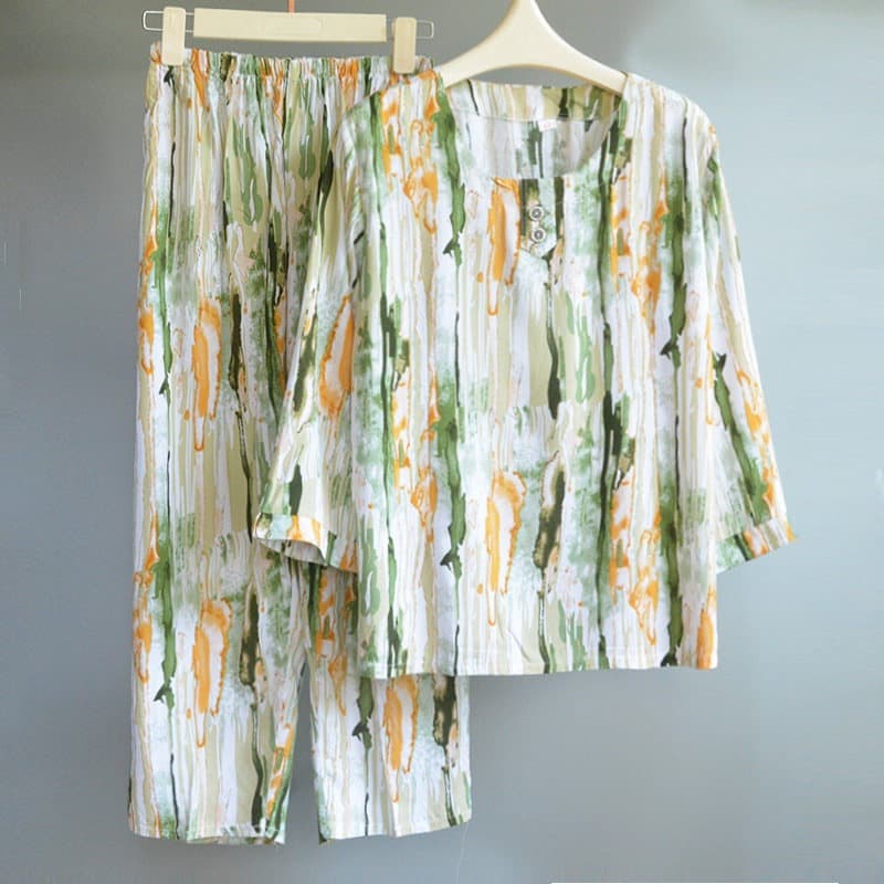 Cotton Silk Pajamas for Women, Summer Thin Style, Middle-Aged and Elderly, Cotton Silk Home Wear, Pullover, 7/8 Sleeves, Can Be Worn Outside, Set