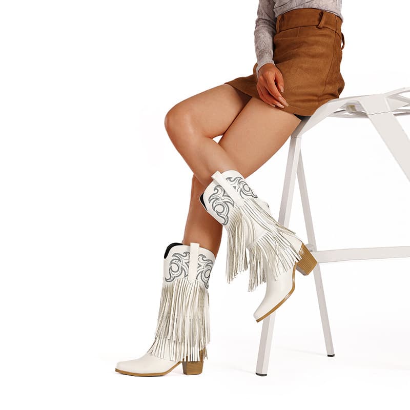 2026 Autumn/Winter Foreign Trade Vintage Embroidered Tassel Boots High Heel Chunky Heel High Top Women's Boots Plus Size Long Boots Western