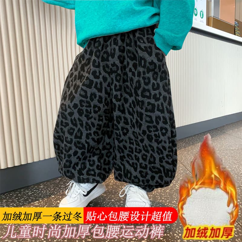Korean style children's outfit 2025 new spring and autumn style, stylish and warm fleece-lined leopard print pants and sports pants for boys and girls