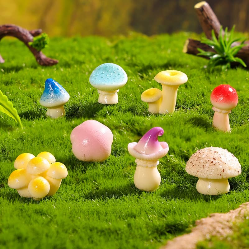Moss miniature landscape ornaments, simulated jungle mushrooms, DIY resin craft decorations for gardening.