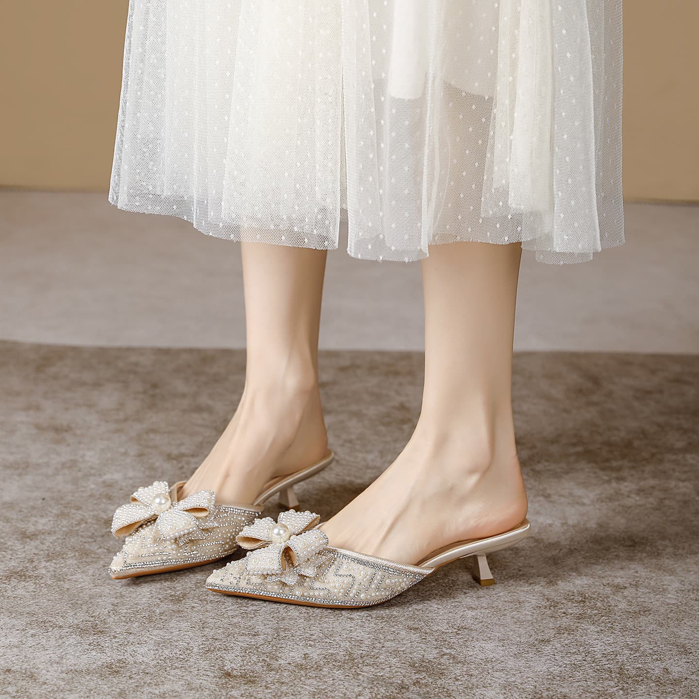 French Full Rhinestone Bow Pointed Toe Mule in Champagne, Slim Heel for Daily Commute and Outdoor Wear, Closed Toe High Heel K45-C21