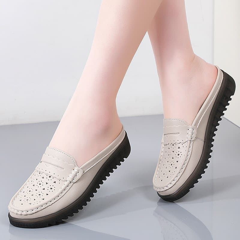 Summer Women's Half Slippers, Cowhide Soft Sole Hollow Comfort Mother Shoes, Middle-aged and Elderly Leather Shoes, Anti-slip Outdoor Slippers