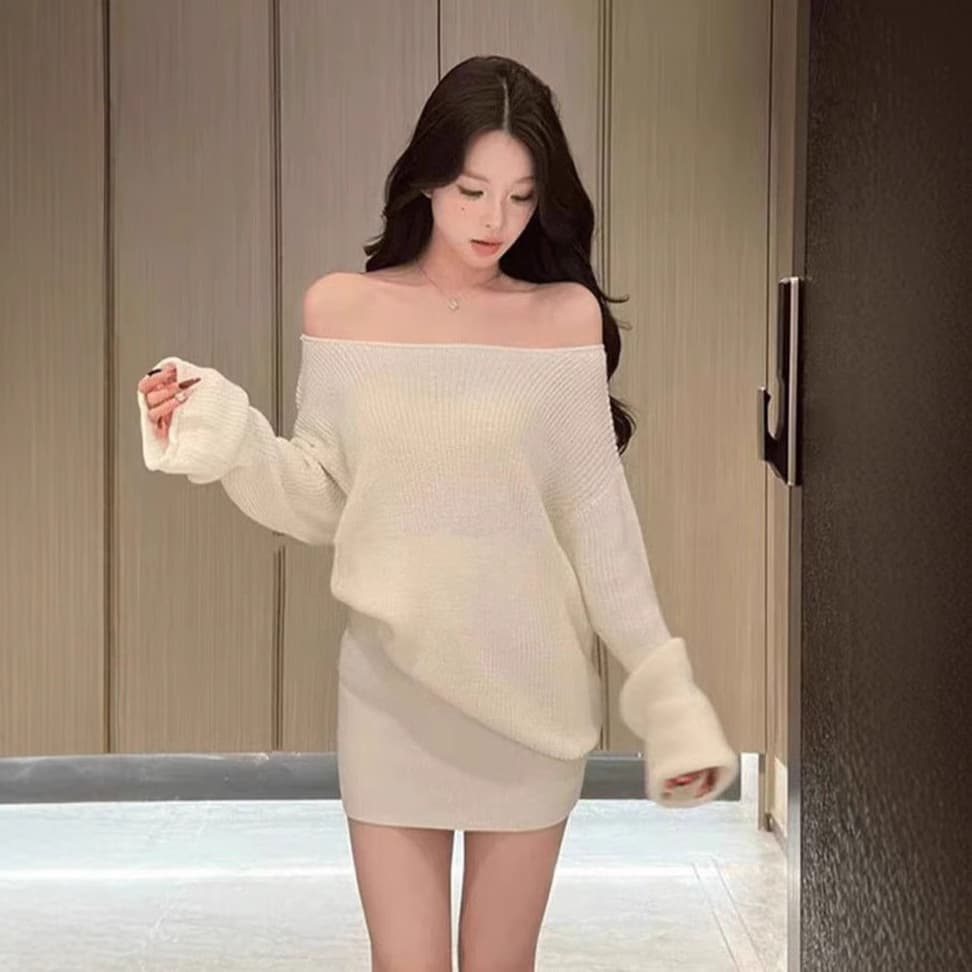 Solid Color Soft Korean One-Shoulder Loose Sweater Autumn Winter Petite Short Knit Bodycon Skirt Two-Piece Set