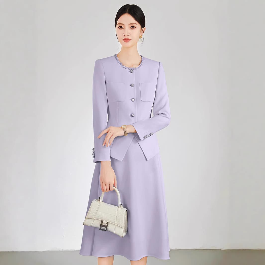 Autumn/Winter Fashion Romantic Little Chanel Style Purple Suit Slim Fit Round Neck Korean Chic Mid-Length Women's Skirt Suit OL
