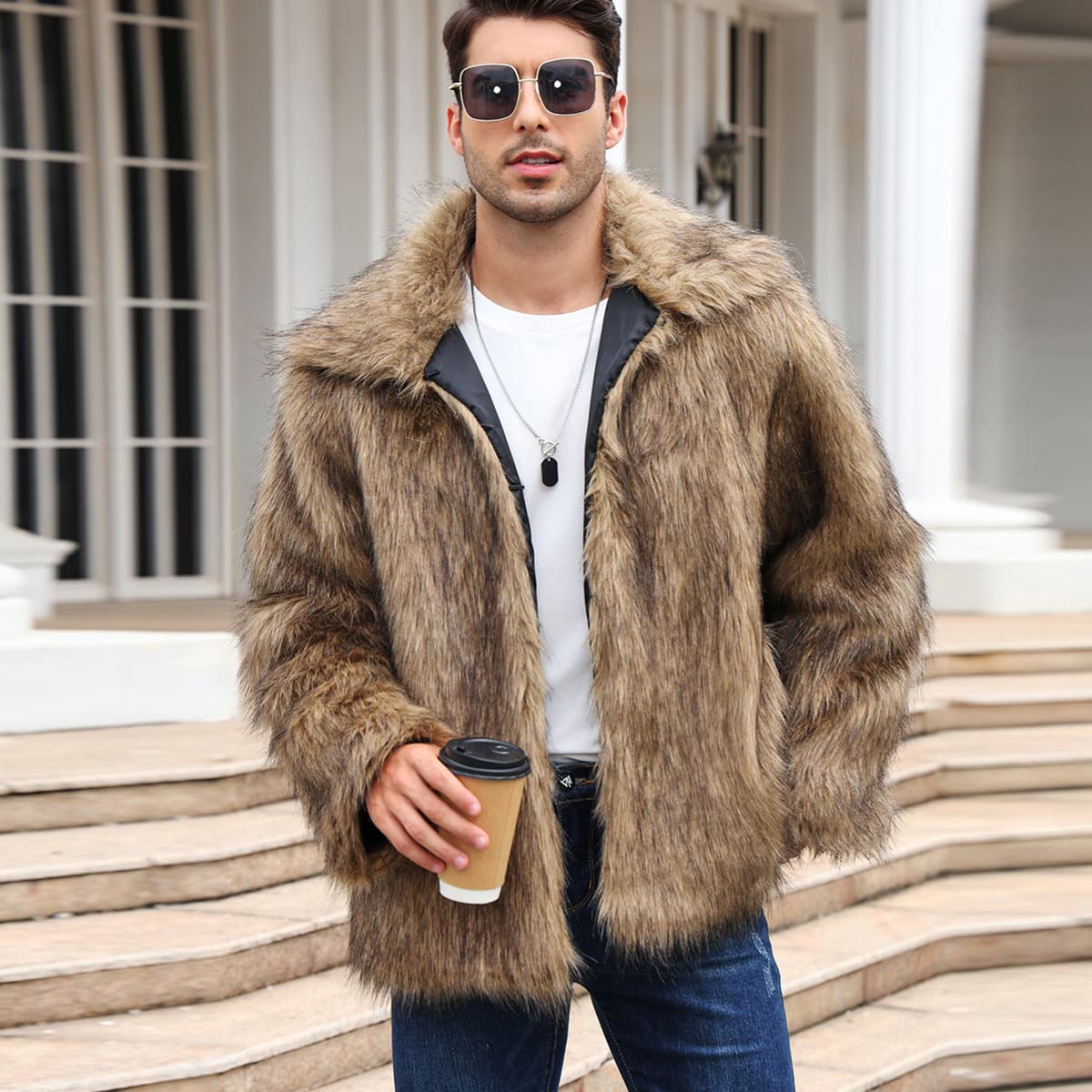 F0641 Cross-border Euro-American Men's Lapel Short Style Faux Fur Jacket Warm Outerwear Coat