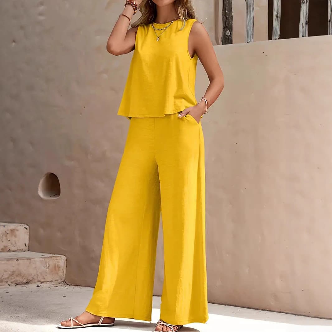 2025 Amazon EU/US Cross-Border Hot Selling Solid Color Elegant Two-Piece Set: Round Neck Vest and Wide-Leg Pants Women's Outfit