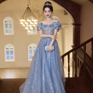 One-Shoulder Blue Evening Gown 2026 New Arrival High-End Elegant Light Luxury Host Adult Birthday Banquet Dress