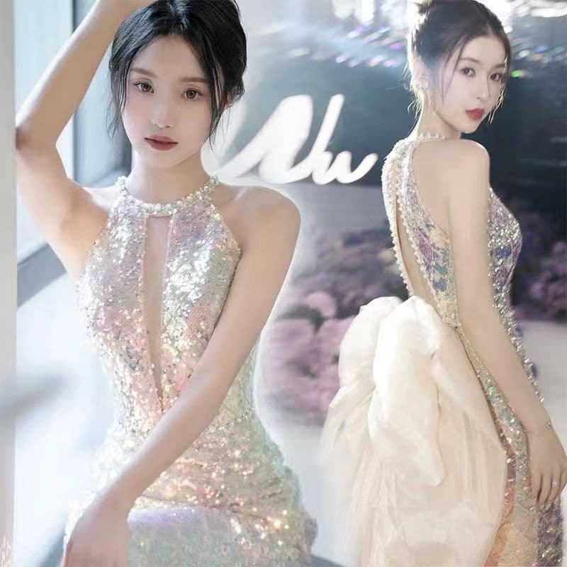 2026 New Elegant Fishtail Evening Gown Long Light Luxury Slimming Halterneck Dress for Engagement, Wedding Toast, and Banquet