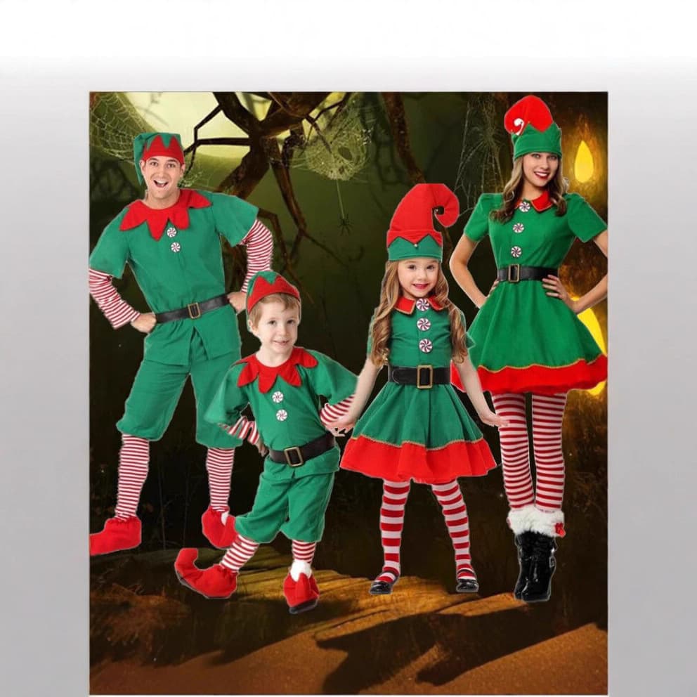 Christmas Elf Costume for Kids and Adults, Family Matching Cosplay for Halloween, Green Unisex Christmas Outfit