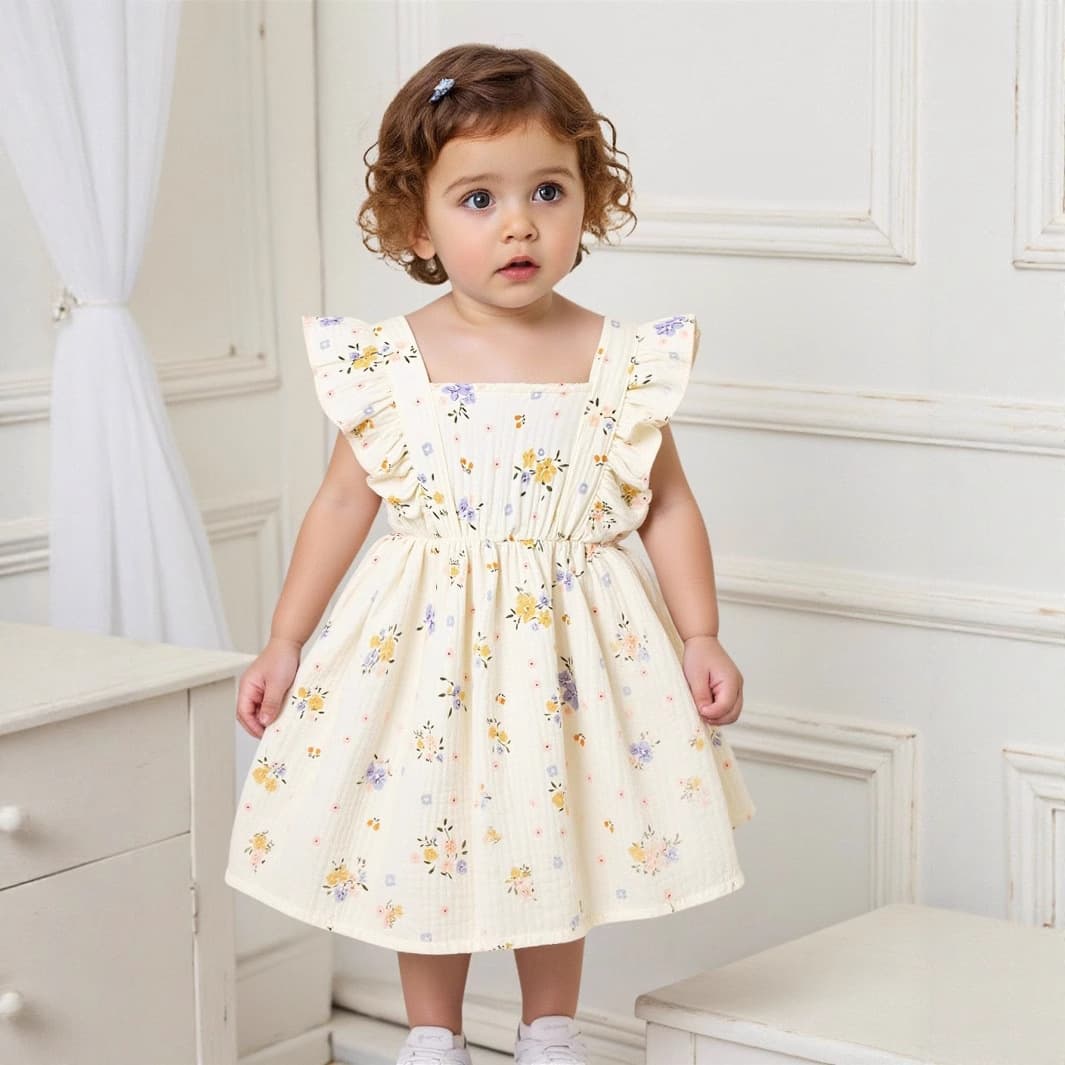 2025 cotton and linen all-over floral print ruffled edge suspender dress with headscarf