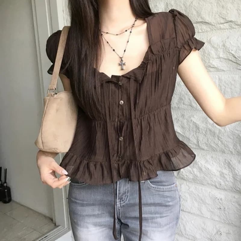 Korean Summer French Sweet Age-Reducing Gentle Ruffle Pleated Waist Short Sleeve Chiffon Blouse Top