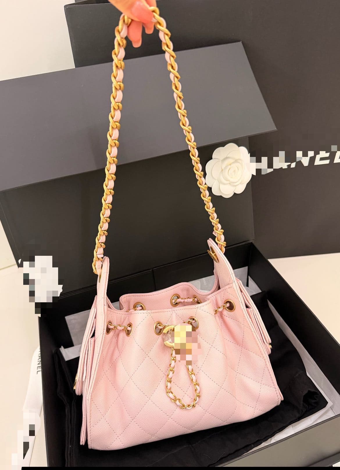 Premium Denim 25C Drawstring Bucket Bag Genuine Leather HOBO Vintage Tote Denim Diamond Quilted Chain Shoulder Bag