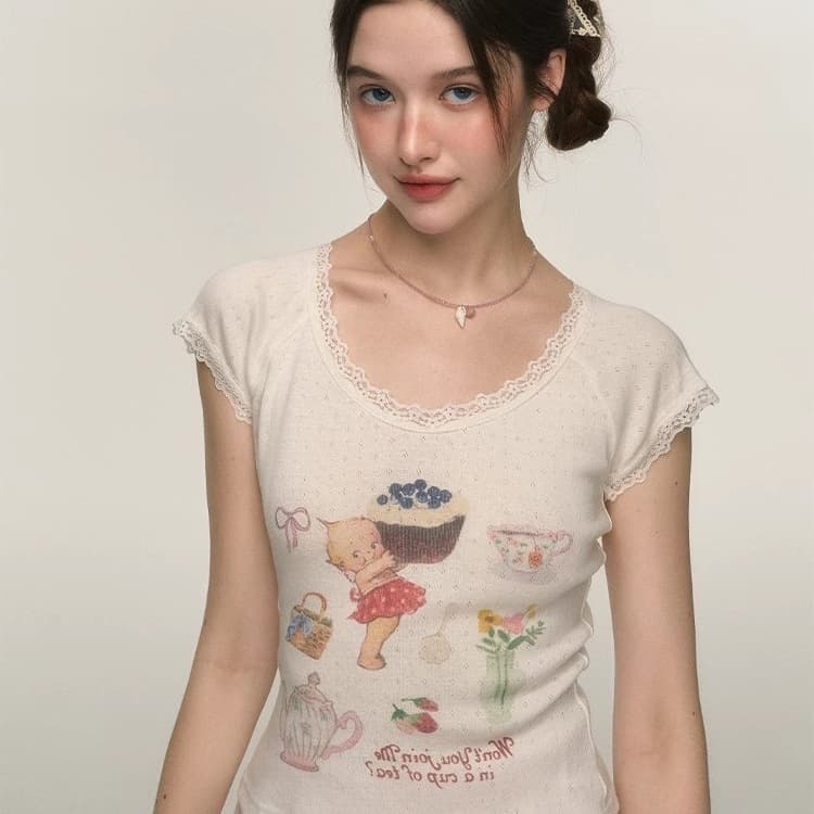 2024 Summer New Floral Print Sweet and Cute Lace Slim Fit Short Round Neck T-Shirt Short Sleeve Top for Women