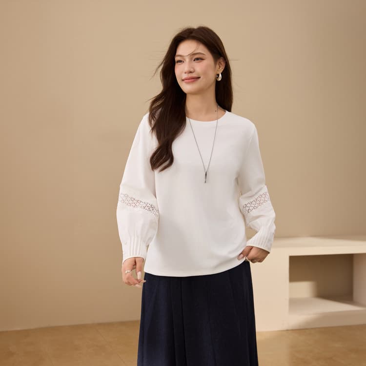 【Floral Note】French Lace Patchwork Comfortable Round Neck T-Shirt, Plus Size Women's Clothing, 2025 Autumn New Arrival