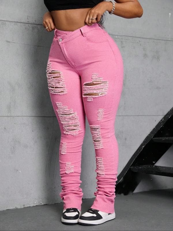 C 72685 Plus Size Skinny Ripped Jeans Large Size Slim Ripped Jeans