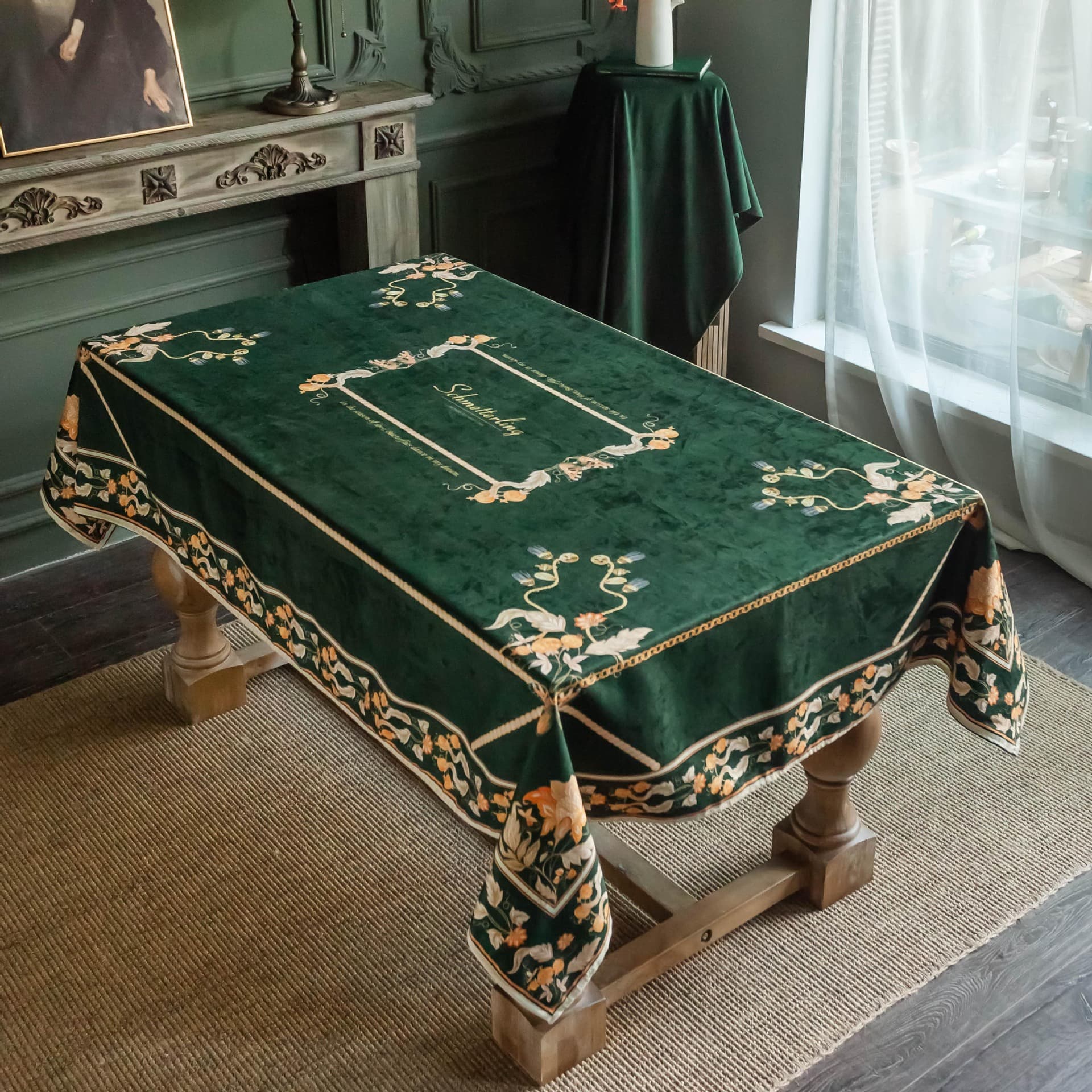 Dark green American retro thickened dust-proof tablecloth European tablecloth rectangular coffee table Chinese high-end tablecloth table and chairs