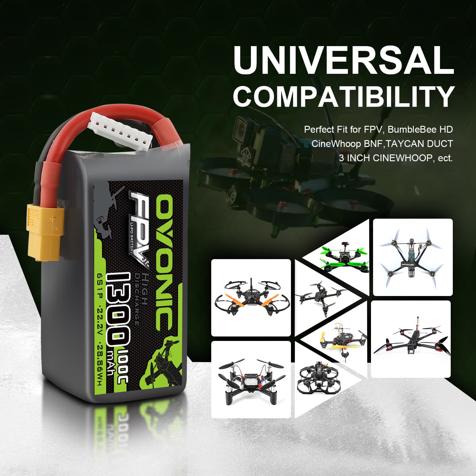 Ovonic 1300 2200mAh 100C 6S 22.2V FPV Racing Drone Battery