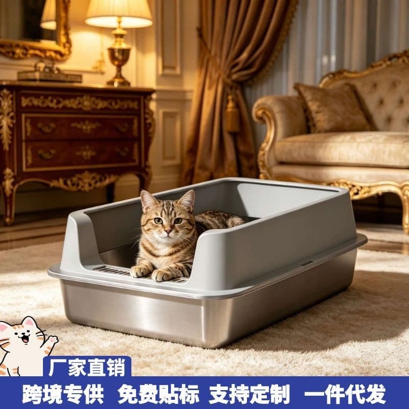 Extra Large Open Stainless Steel Cat Litter Box Anti-Splash Cat Poop Box Cat Litter Tray Cat Toilet Pet Supplies
