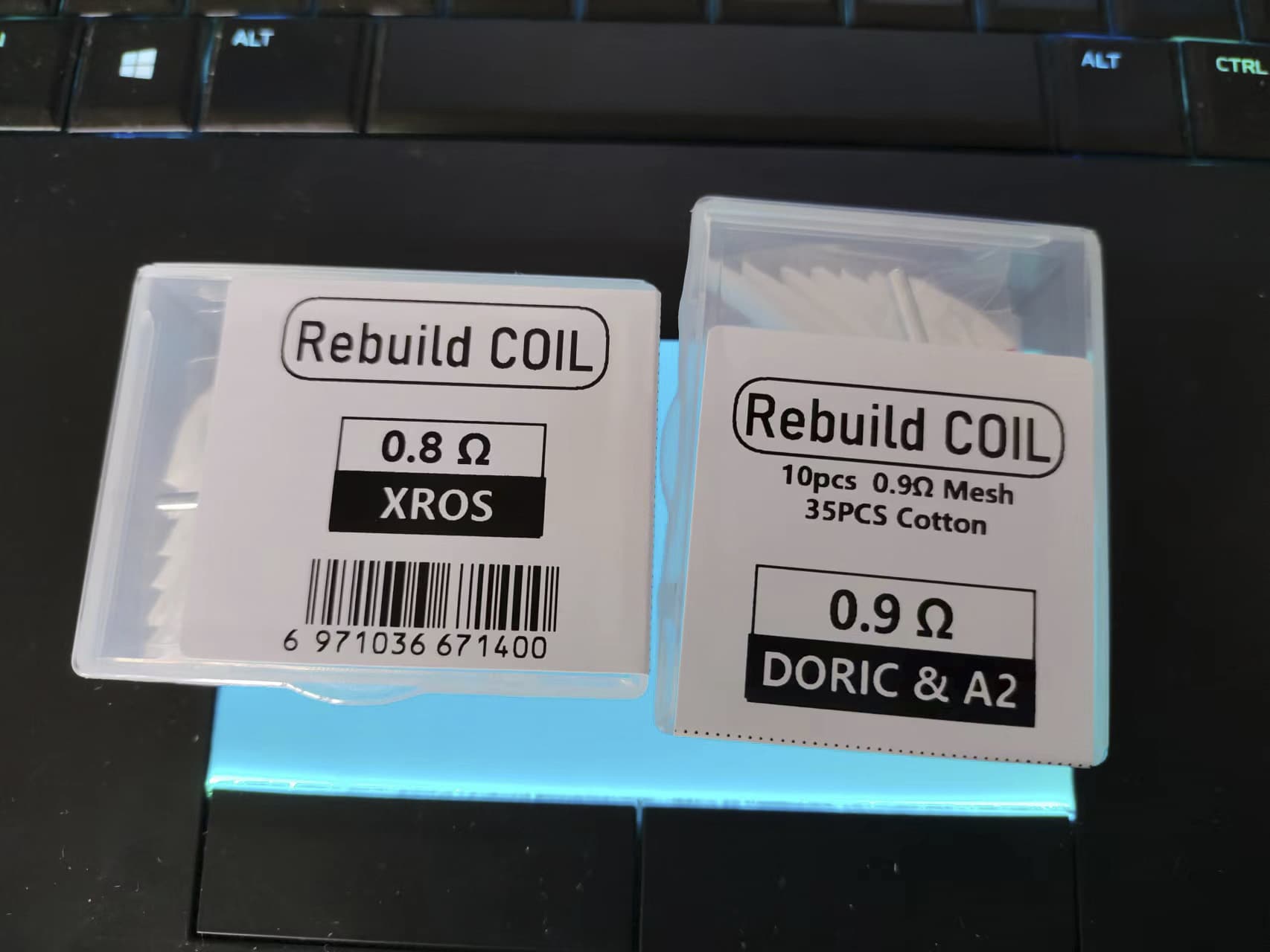 Reconstructed wire mesh, compatible with XROS 0.8 ohms and DORIC 20 0.9 ohms, includes straight rods and winding rods.