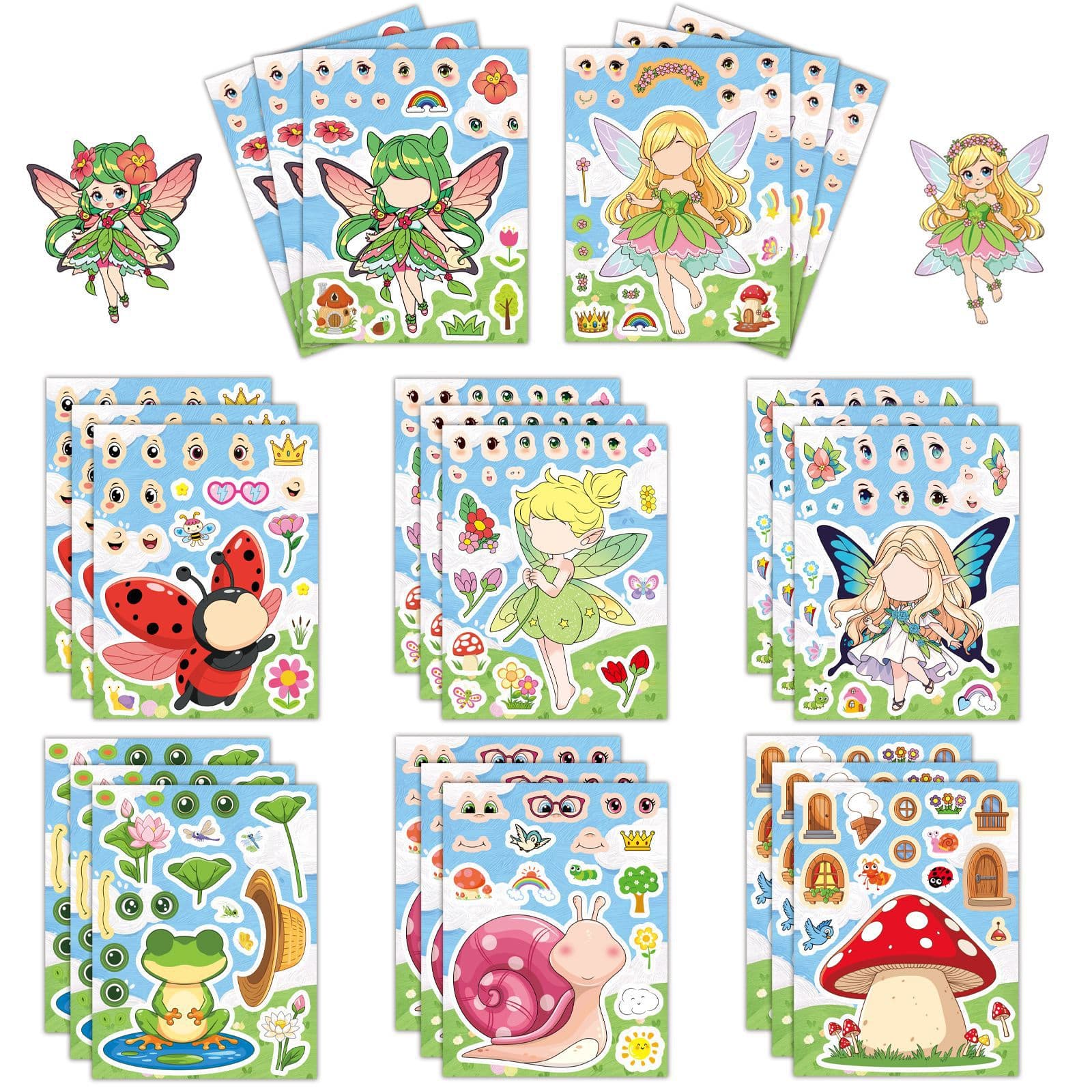8 cartoon forest fairy dress-up stickers for children, DIY facial features splicing stickers, kindergarten handmade stickers