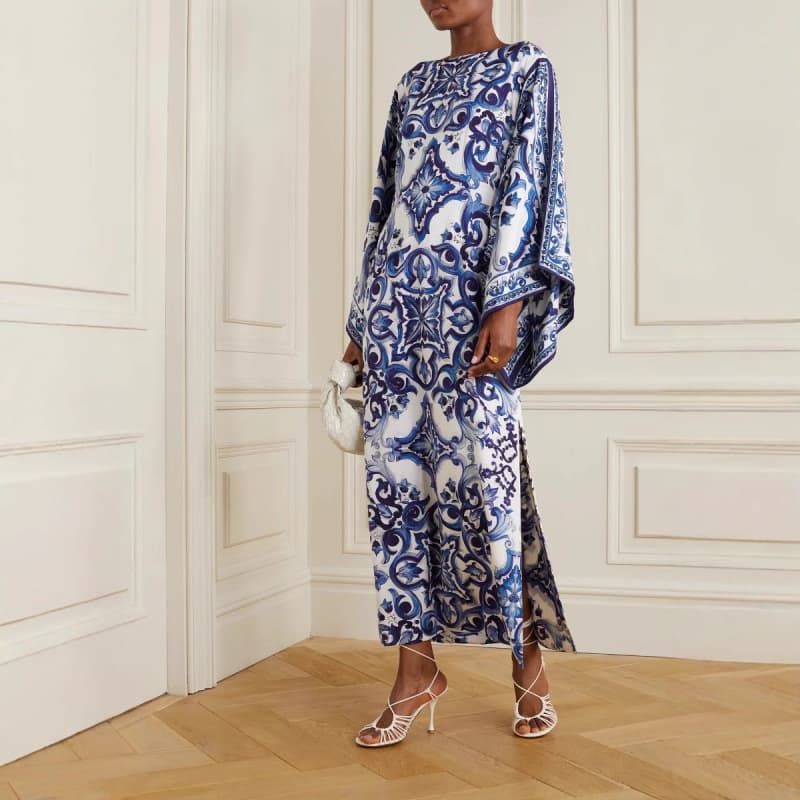 2025 New Cross-border E-commerce Independent Station European and American Fashion Blue and White Porcelain Print Off-Shoulder Loose Dress