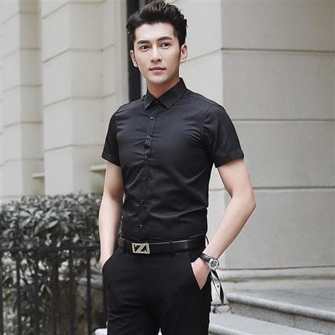 Spring/Summer White Shirt for Men Short Sleeve Slim Fit Korean Style Business Formal Wear Stain-Resistant White Dress Shirt