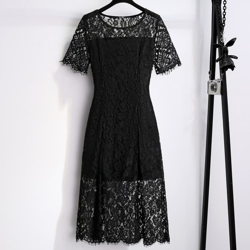 2023 New Water-Soluble High-End Lace Dress Summer Plus Size Women's Sexy Black Plus Size Dress