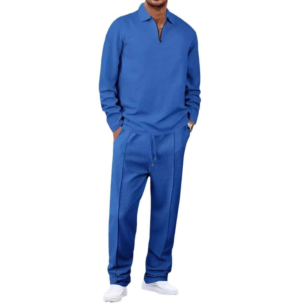 Foreign trade hot-selling men's waffle suit long-sleeved striped POLO shirt suit fashionable casual zipper lapel suit