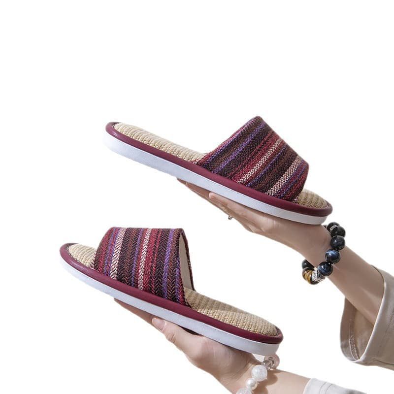 Summer Linen Slippers for Women, Indoor Sweat-Absorbing Beach Couple Slippers, Home Quiet Cool Slippers, Lightweight Colorful Stripes Wholesale