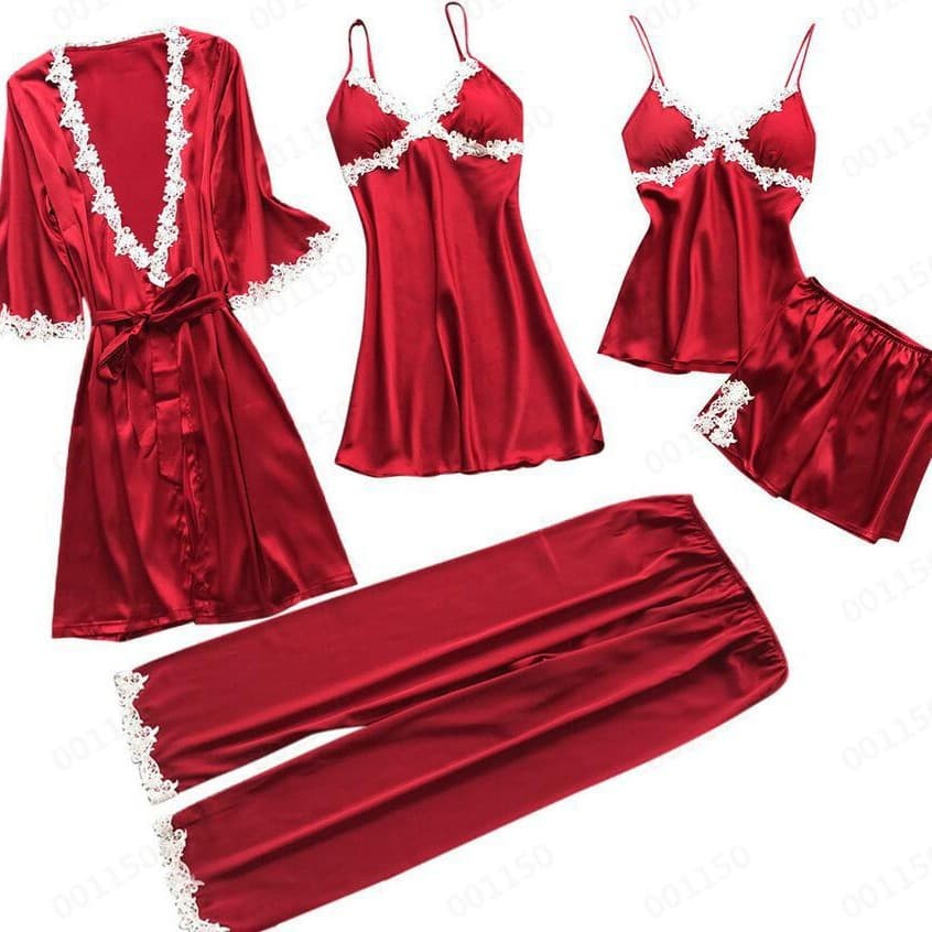 Sexy Women's Five-Piece Sleepwear Set Summer Mid-Sleeve Bridal Morning Gown Homewear Robe Bathrobe