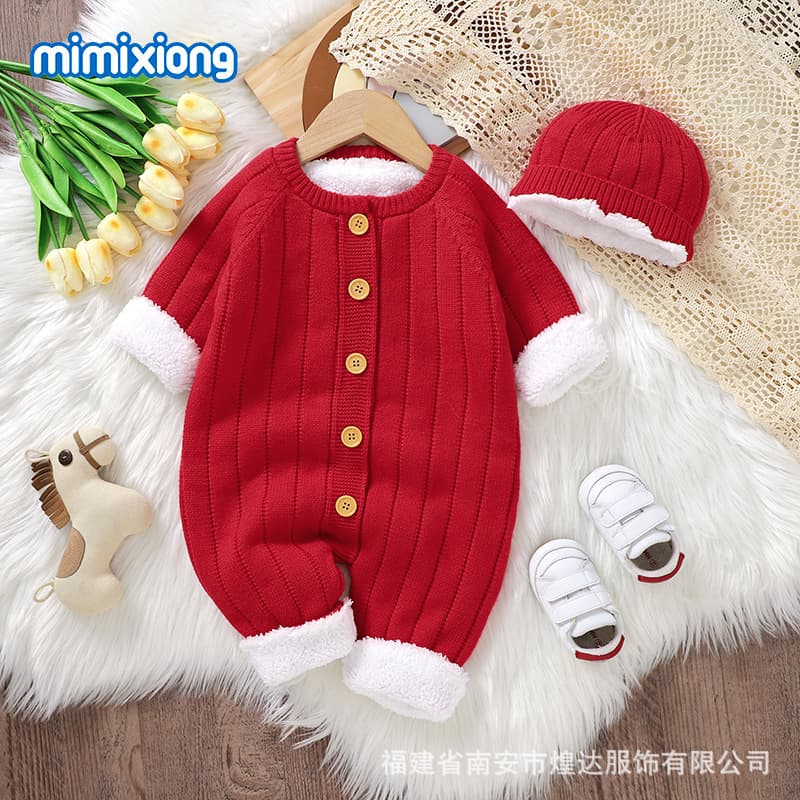 Trending Baby Romper Onesie Solid Color Fleece-Lined Crawl Suit Set Knit Boys Girls Warm Clothing Autumn Winter