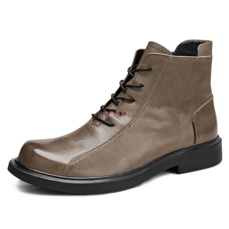 Genuine leather Martin boots, high-top, versatile, round-toe, outdoor, casual, fleece-lined, short boots, men's autumn and winter fashion.